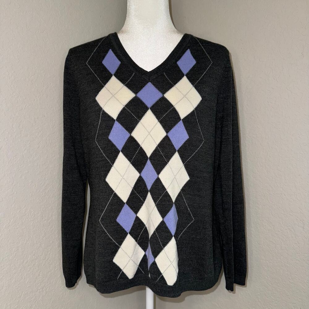 Croft & Borrow Gray & Lavender Purple Argyle Long Sleeve Pullover‎ Sweater XL